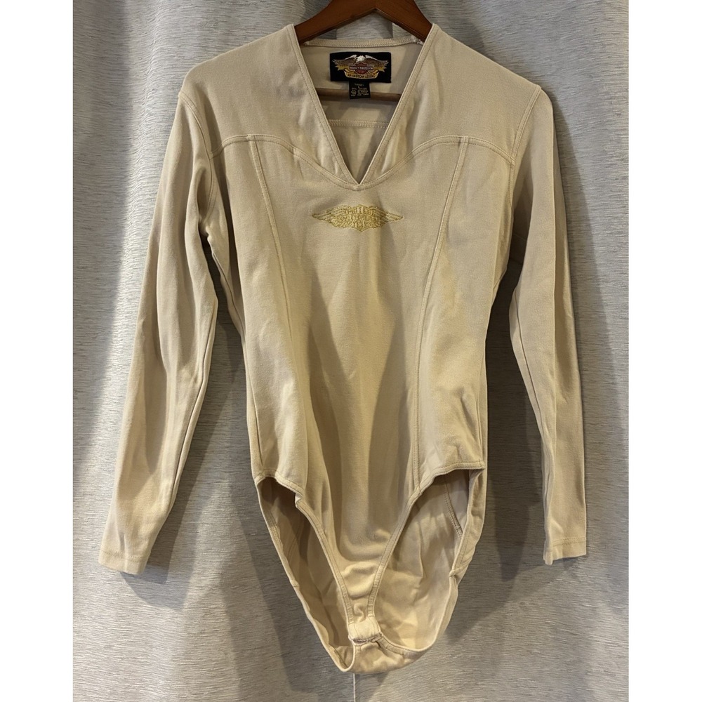Vtg Y2K Harley-Davidson Cream Long Sleeve Bodysuit Bling Logo Sz Large Bikercore